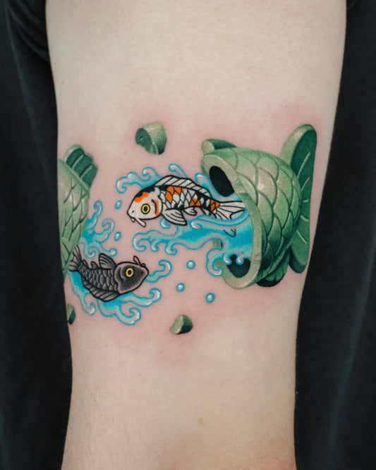 Medium Irezumi Koi and Wave Tattoo on Men Arm by @bongkee_