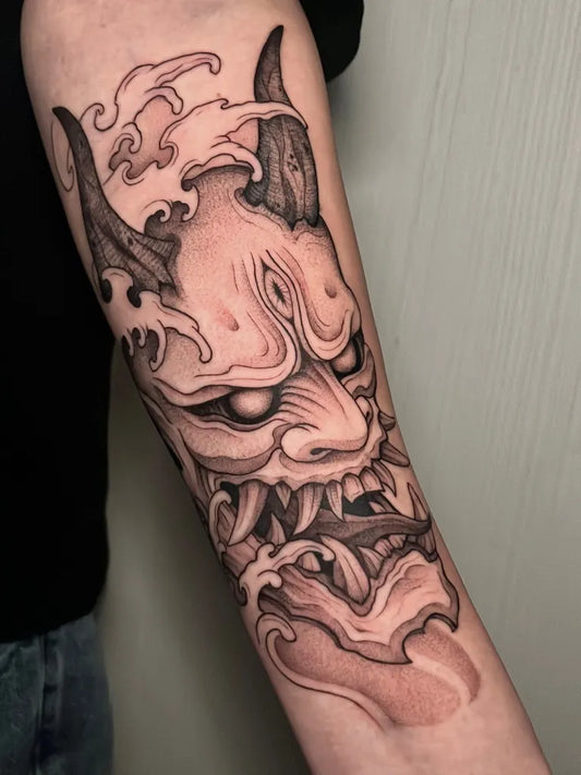 Medium Irezumi Oni Mask Waves on Men Arm Tattoo by @krn.blvck