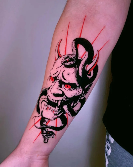 Medium Irezumi Oni Mask with Snake on Men Arm Tattoo by @melaciollii