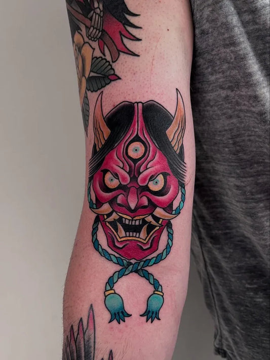 Medium Irezumi Oni Mask with Tassels on Men Arm Tattoo by @greenlionstudios