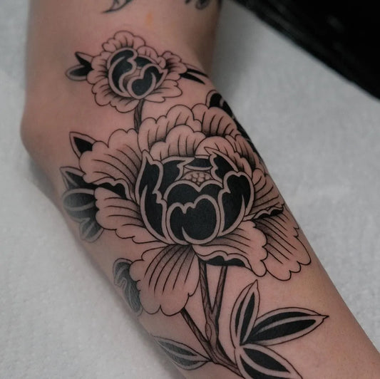 Medium Irezumi Peony Flowers on Women Arm Tattoo by @oneskinnyleg