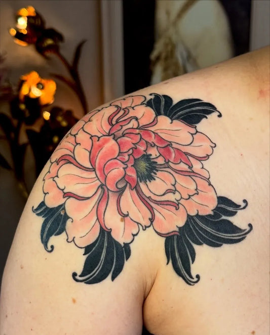 Medium Irezumi Peony on Women Shoulder Tattoo by @carina_anne_