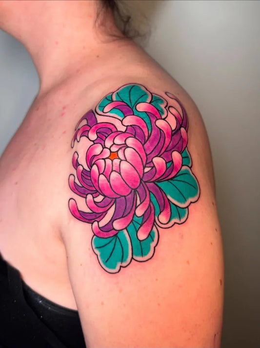 Medium Irezumi Pink Chrysanthemum with Teal Leaves Tattoo on Women Shoulder by @tylerbrowntattoo