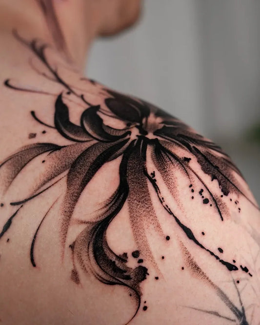 Medium Irezumi Red Spider Lily Tattoo on Men Shoulder by @tattooist_mate