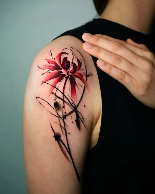 Medium Irezumi Red Spider Lily Tattoo on Women Shoulder by @tattooist_mate