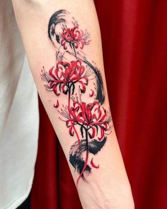 Medium Irezumi Red Spider Lily and Dragon Tattoo on Women Arm by @molfar.tattoo