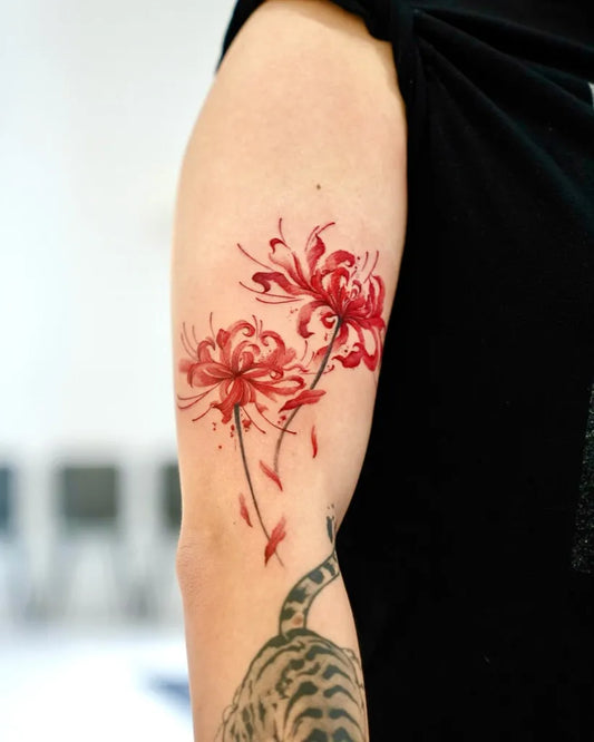 Medium Irezumi Red Spider Lily and Tiger Tattoo on Women Arm by @baronarttattoo