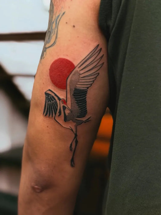 Medium Irezumi Red Sun Crane Tattoo on Men Arm by @muramuruu
