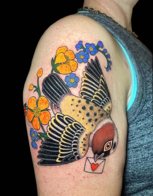 Medium Irezumi Sparrow with Flowers and Letter Tattoo on Women Shoulder by @inmatattooartist