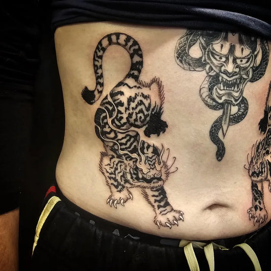 Medium Irezumi Tiger Hannya Dagger Tattoo on Men Stomach by @luckycourse