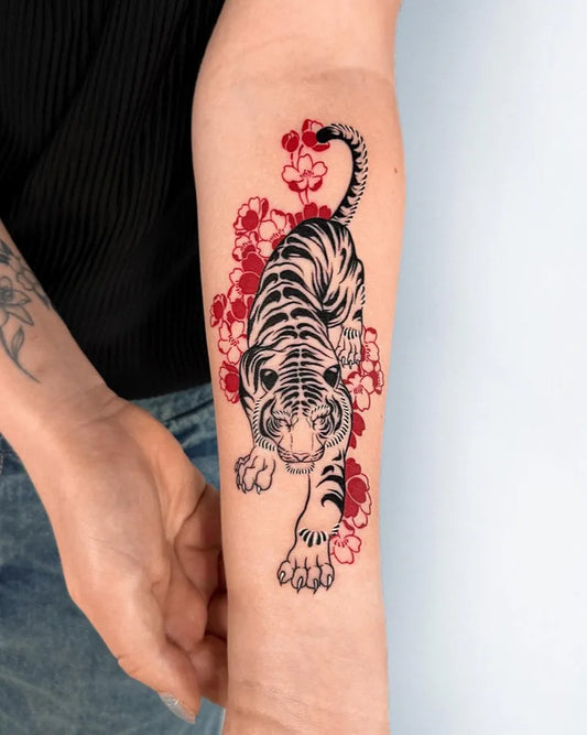 Medium Irezumi Tiger and Cherry Blossoms on Women Arm Tattoo by @offtattooer