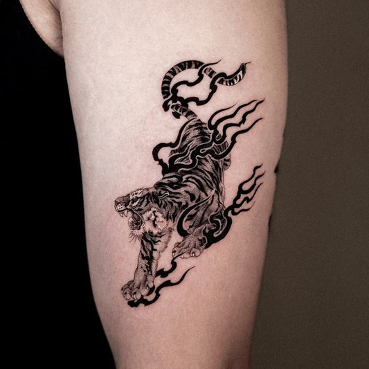 Medium Irezumi Tiger with Flames on Men Thigh Tattoo by @hanstattooer