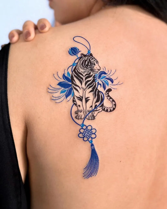Medium Irezumi Tiger with Flowers and Tassel on Women Back Tattoo by @offtattooer