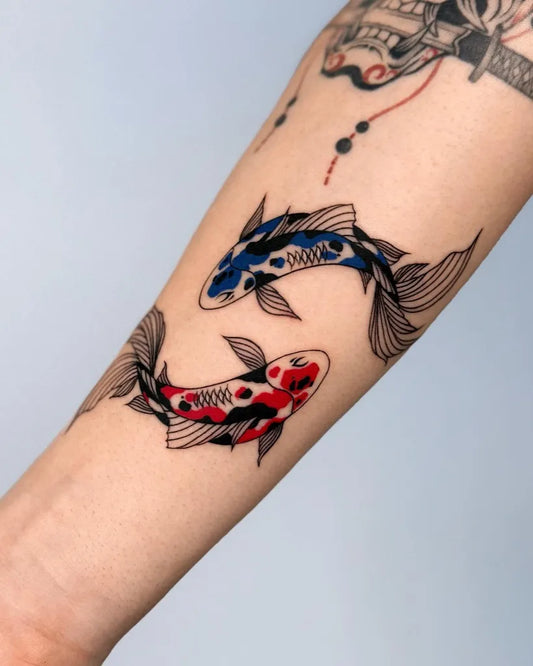 Medium Irezumi Two Koi Fish Tattoo on Women Arm by @offtattooer