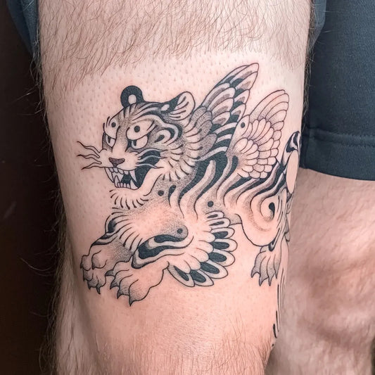 Medium Irezumi Winged Tiger on Men Thigh Tattoo by @sleepypalms