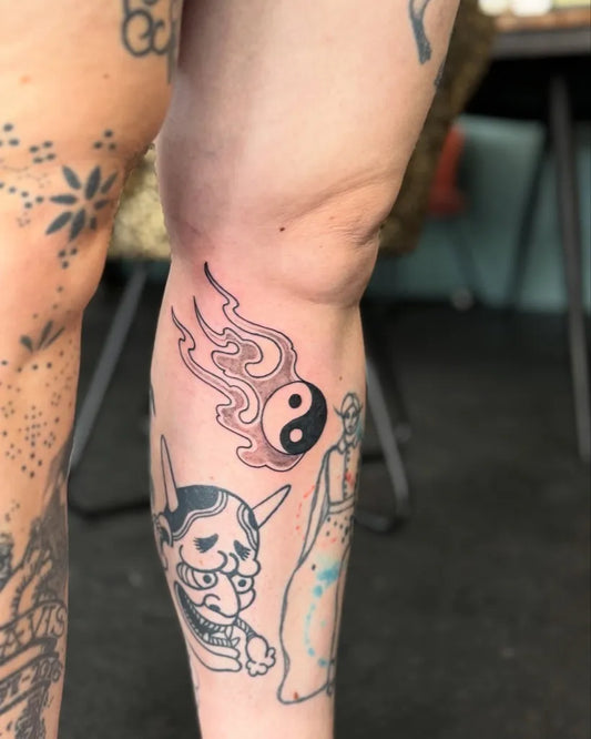 Medium Irezumi Yin Yang Cloud Tattoo on Women Thigh by @marceltambach_tattoos