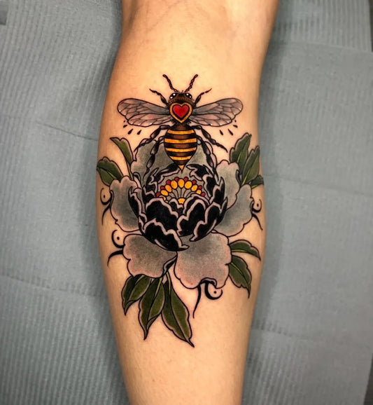 Medium Japanese Bee Peony on Women Thigh Tattoo by @zema1