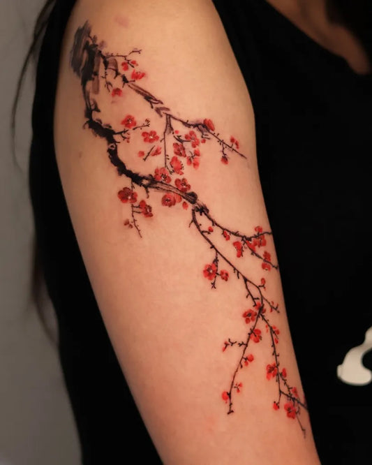 Medium Japanese Cherry Blossom Branches on Women Arm Tattoo by @jisoo_tattoo