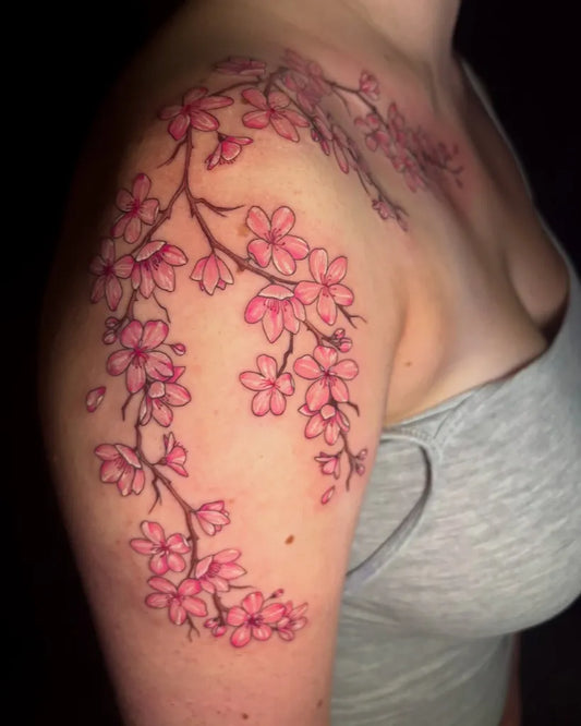 Medium Japanese Cherry Blossom Branches on Women Shoulder Tattoo by @inkedbykate_
