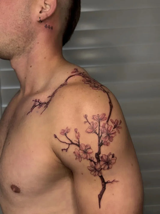 Medium Japanese Cherry Blossom on Men Shoulder Tattoo by @mytatpaige