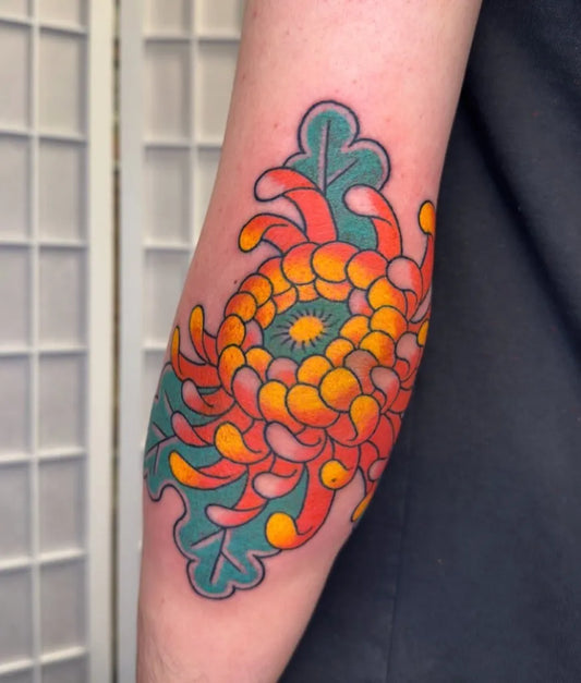 Medium Japanese Chrysanthemum Flower Tattoo on Women Arm by @horiran1