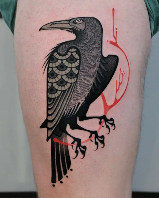 Medium Japanese Crow Tattoo on Women Thigh by @maxmurphytattoo