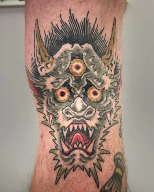 Medium Japanese Demon Tattoo on Men Thigh by @mururoatattoostudio