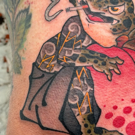 Medium Japanese Frog Smoking Tattoo on Men Arm by @benny.tattooer