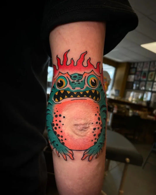 Medium Japanese Frog with Flames Tattoo on Men Elbow by @coryconnellart