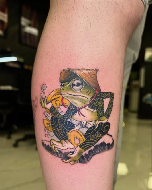 Medium Japanese Frog with Pipe Tattoo on Men Leg by @tuannguyen_tattoo
