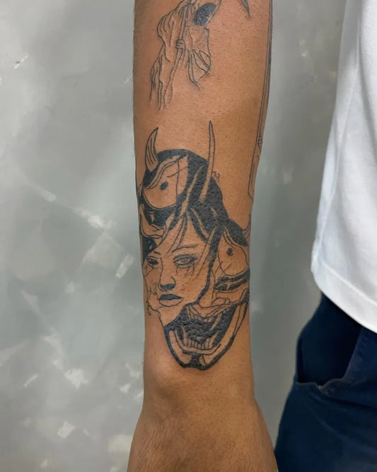 Medium Japanese Hannya Mask on Men Arm Tattoo by @pedro_romano_henrique