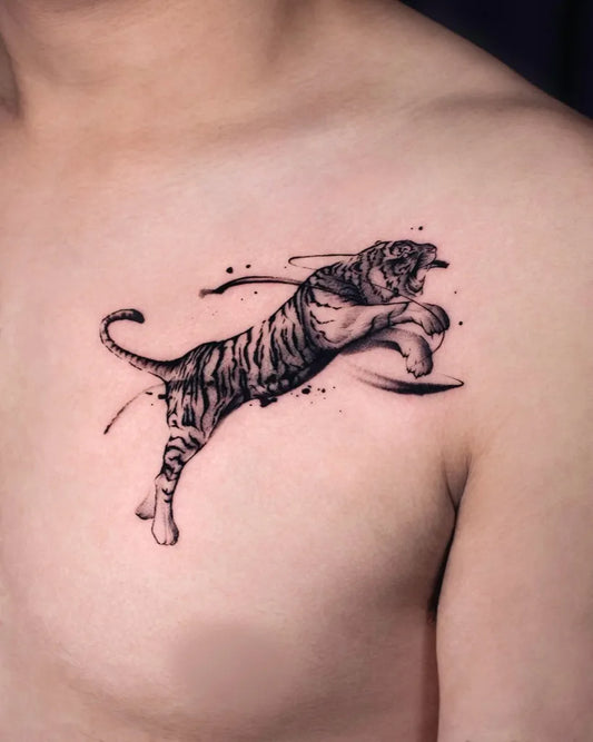 Medium Japanese Ink Tiger on Men Chest Tattoo by @lountattoo