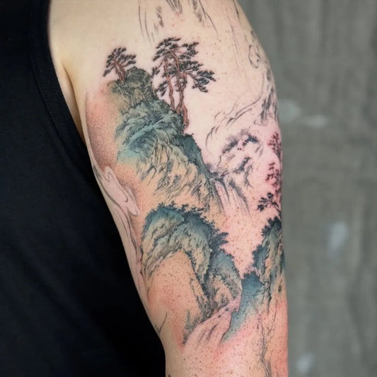 Medium Japanese Mountain Pine Forest Tattoo on Men Arm by @tattooartist_jing