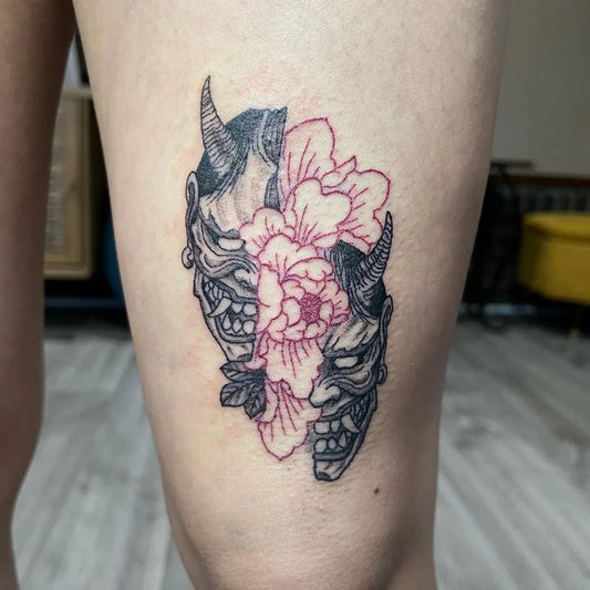 Medium Japanese Oni Mask and Peonies on Women Thigh Tattoo by @changing_expression
