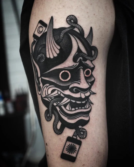 Medium Japanese Oni Mask with Snakes and Tag on Men Arm Tattoo by @enriquevemu