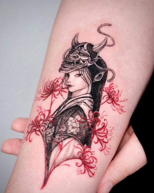 Medium Japanese Oni Mask with Spider Lilies on Geisha Arm Tattoo by @da.an_tattooer