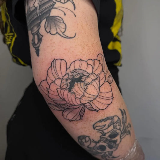 Medium Japanese Peony Crab Skull on Women Arm Tattoo by @narcisse_tattoo