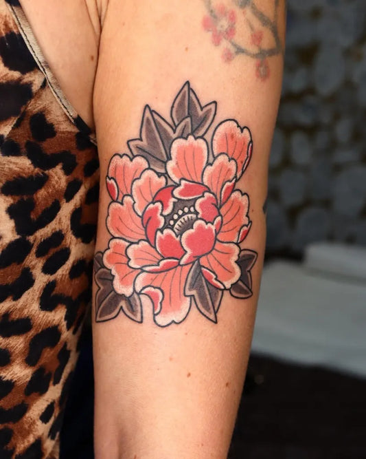 Medium Japanese Peony Flower on Women Arm Tattoo by @hika_3t