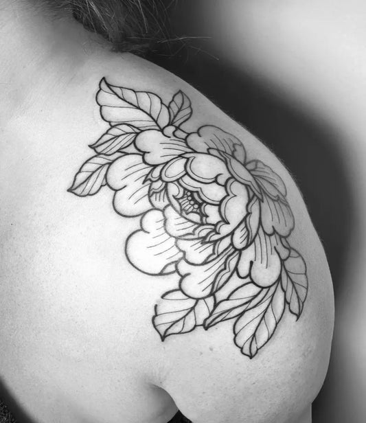Medium Japanese Peony Flowers on Women Shoulder Tattoo by @tattsbybetts