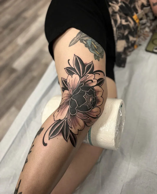 Medium Japanese Peony Women Thigh Tattoo by @ryangraytattoos