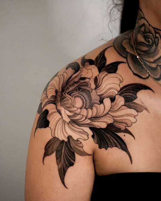 Medium Japanese Peony on Women Shoulder Tattoo by @gush.like.kush