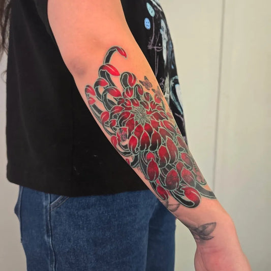 Medium Japanese Red Chrysanthemum Tattoo on Women Arm by @damduk.oriental
