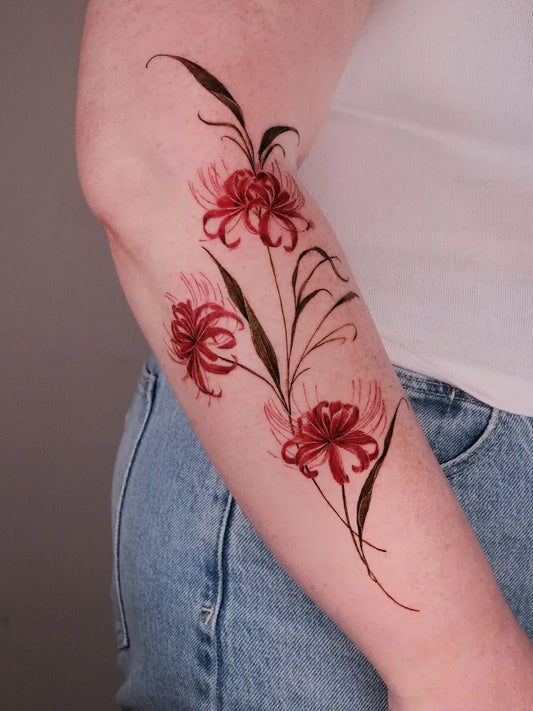 Medium Japanese Red Spider Lily Tattoo on Women Arm by @mayforcolor