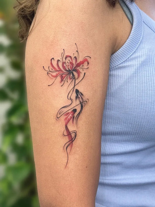 Medium Japanese Red Spider Lily and Koi Tattoo on Women Arm by @rinki_thapa