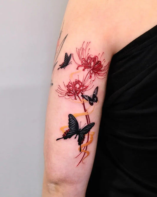 Medium Japanese Red Spider Lily with Butterflies Tattoo on Women Arm by @myo_ryung