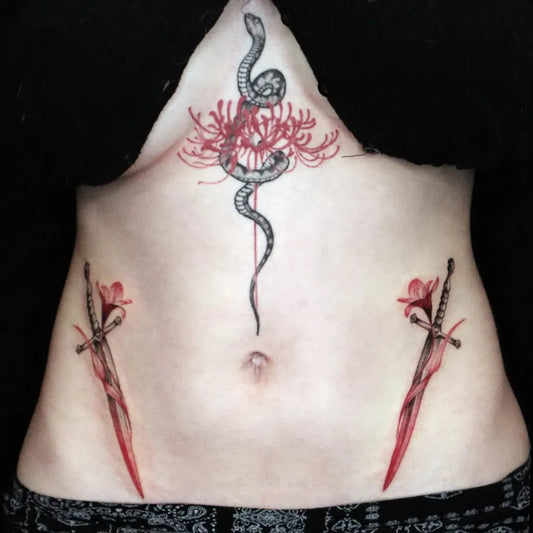 Medium Japanese Snake and Spider Lily Tattoo on Women Stomach by @kamatatuaz