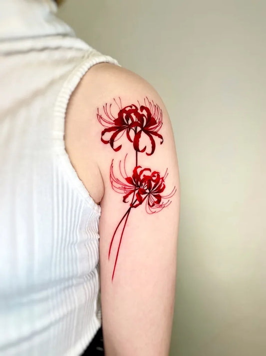 Medium Japanese Spider Lily Red Tattoo on Women Shoulder by @boratattoo