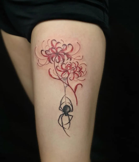 Medium Japanese Spider and Spider Lily on Women Thigh Tattoo by @kirax.art