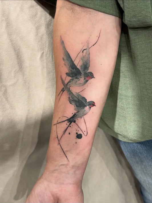 Medium Japanese Swallow Birds Tattoo on Men Arm by @tattoobyjulie