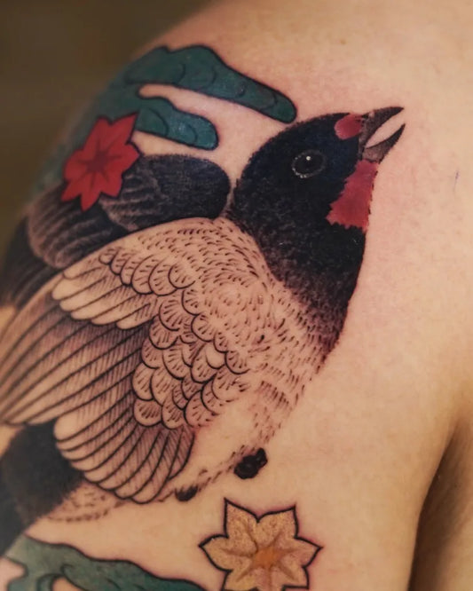 Medium Japanese Swallow Flowers Tattoo on Men Shoulder by @wayne.h_tattoo